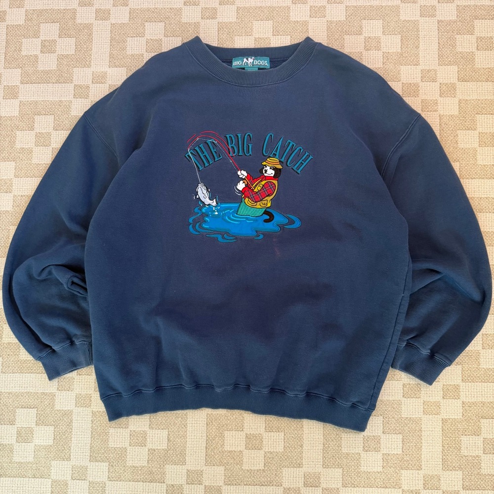 Vintage Big Dogs The Big Catch Fishing Embroidered Sweatshirt Blue Mens Large